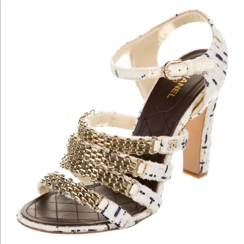 COPY - Chanel cc logos tweed gold chain strappy sandals size 38.5 - Picture 12 of 14